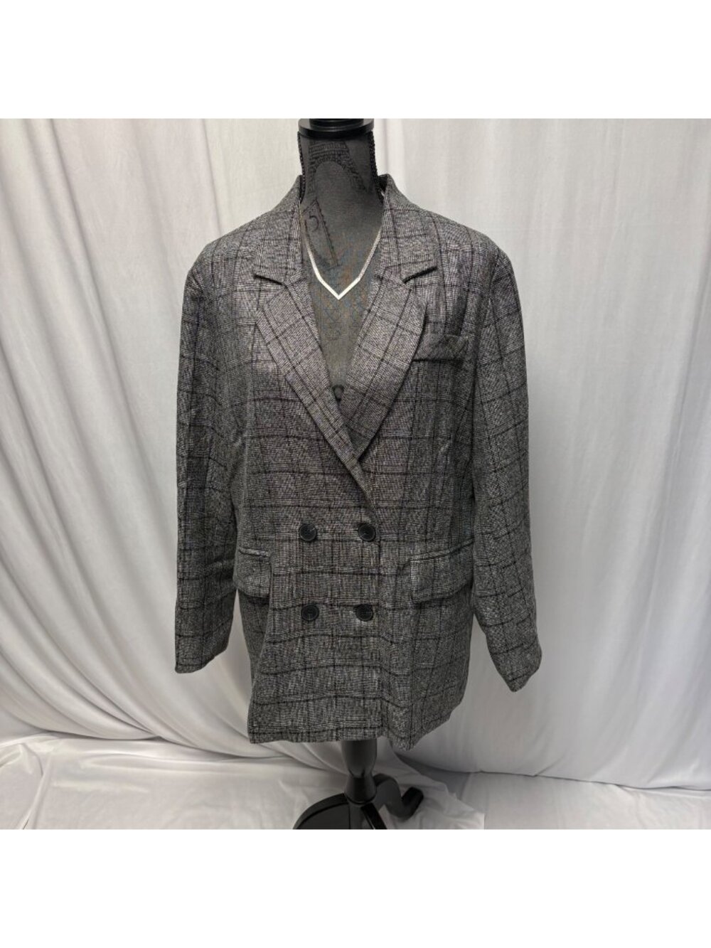 Gray Plaid Blazer Womens XL Double Breasted Jacket Grey Classic Fit Office NEW